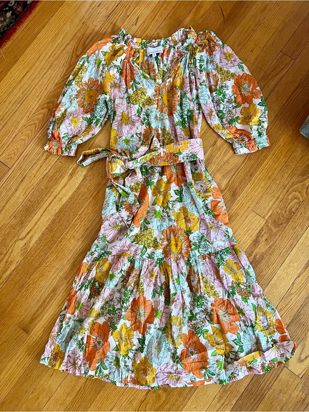 Gilner Farrar Beautiful Floral Puff-Sleeve Midi Dress Lightweight Cotton XS